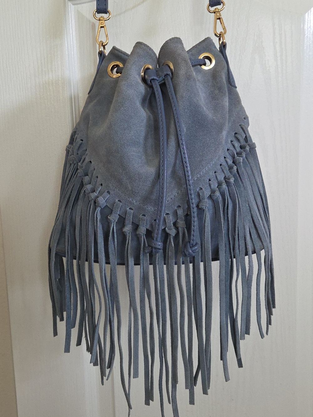 DV Diva's Bag Italian Blue Suede & Leather Fringe Crossbody! - Picture 3 of 13